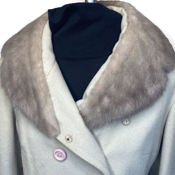 Vintage Icy Mint Green wool blend coat with silver mink collar 1950s retro - Picture 4 of 13